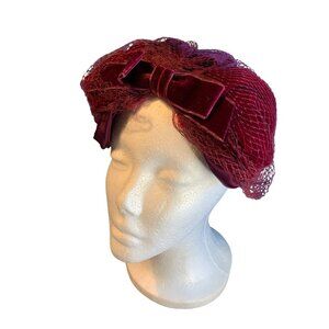 Ladies Red Velvet and Satin Hat with Netting Union Made Vintage